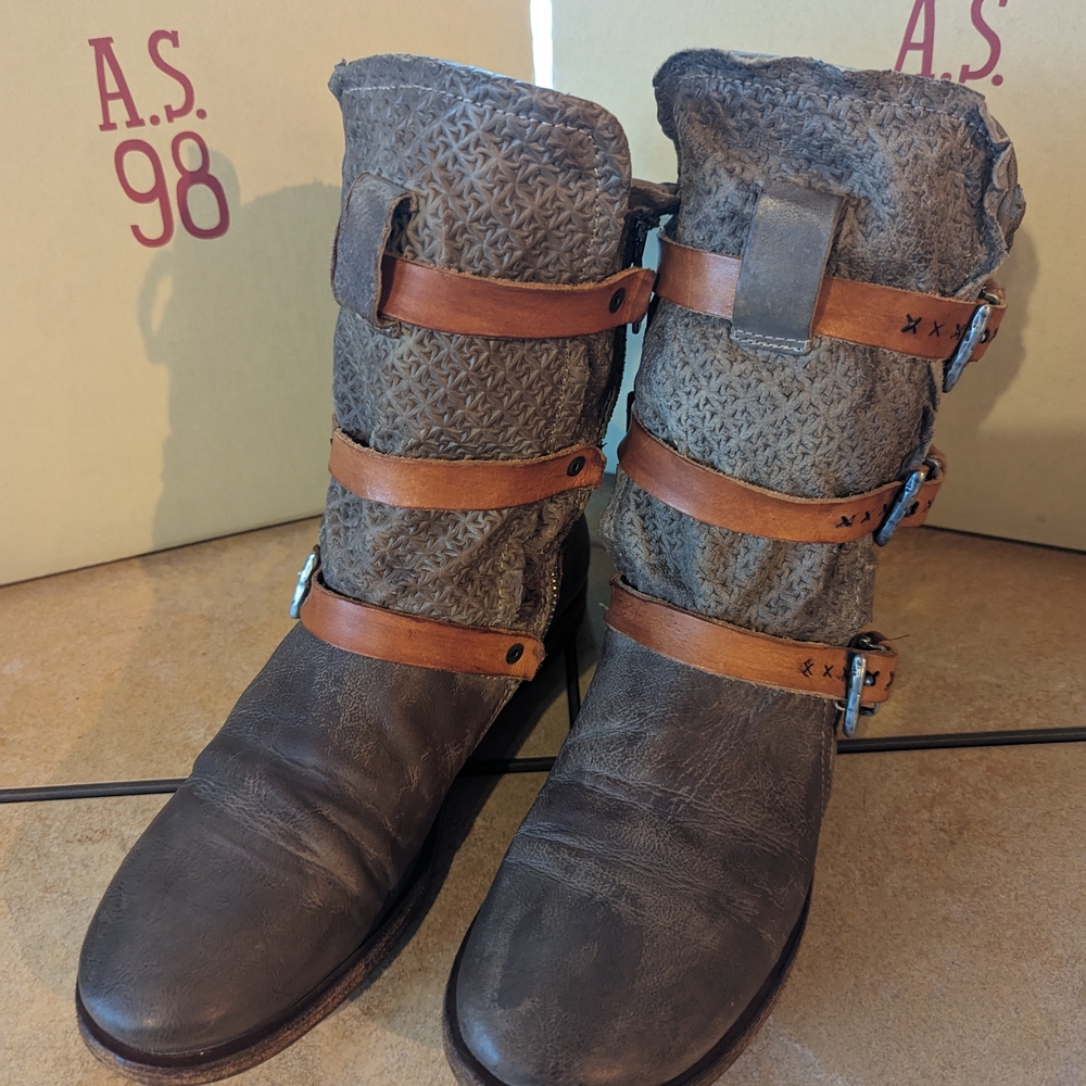 A.S.98 Gray and Brown Combat Moto Boots with Rustic Buckle Straps